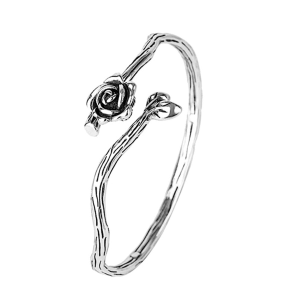 Rose Flower Sterling Silver Bangle Bracelet - Picture 5 of 6